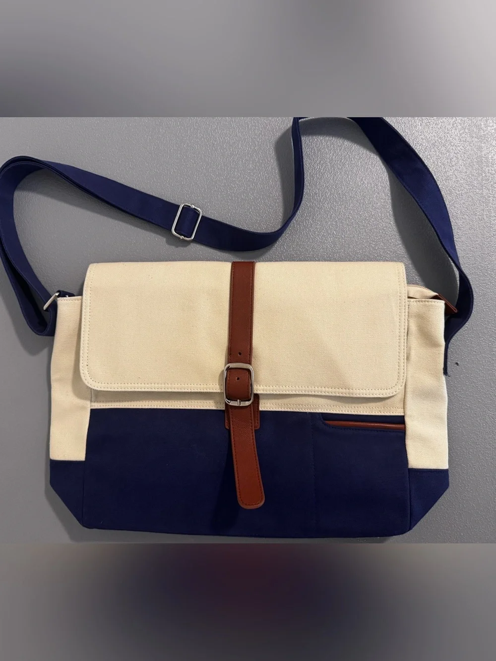 Miche Canvas Messenger Bag in Navy, Cream & Brown NWOT OS